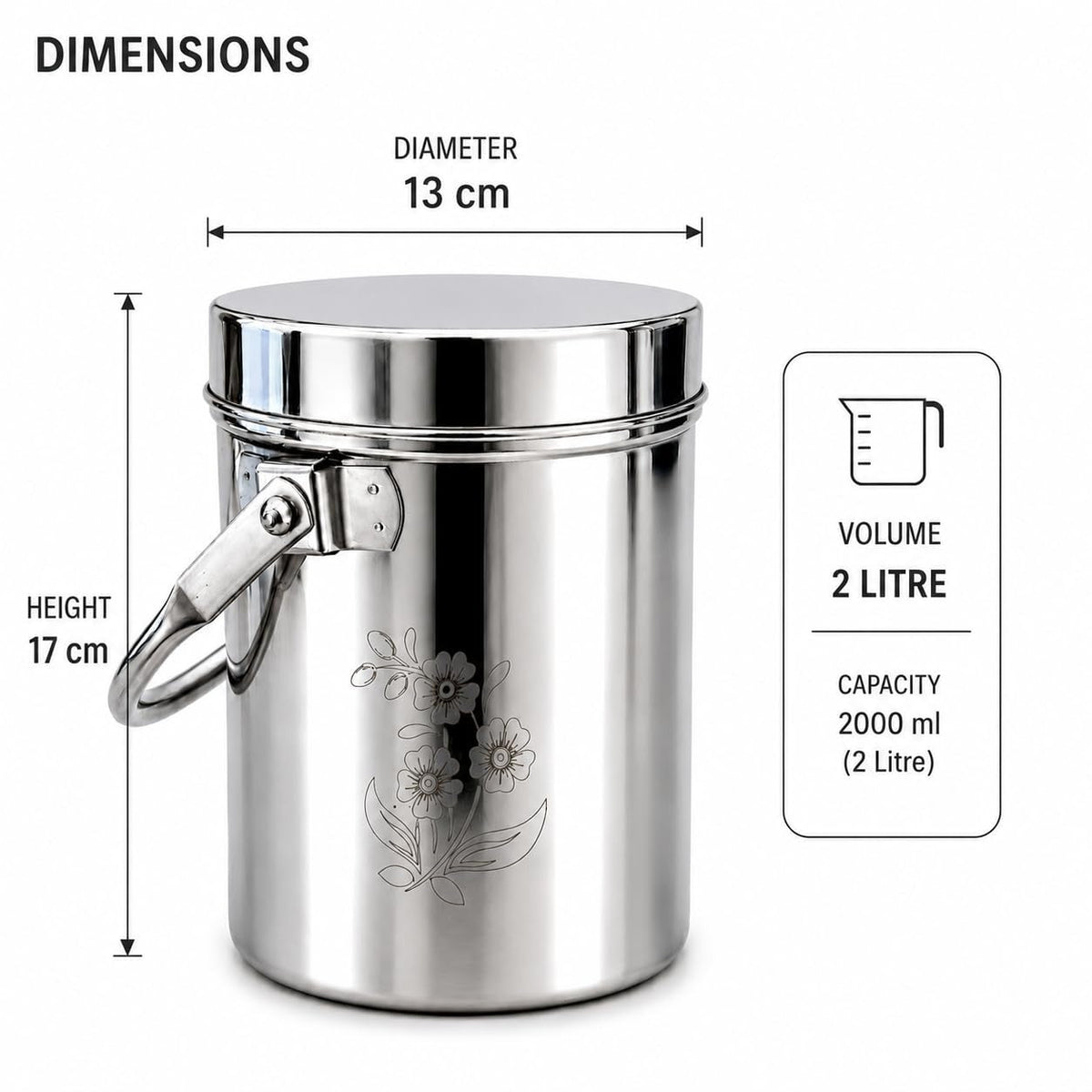 KC Stainless Steel Multipurpose Storage Container, Milk Pot with Airtight Lid, Handle, Floral Engraved - (1 litres)