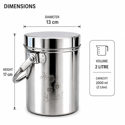 KC Stainless Steel Multipurpose Storage Container, Milk Pot with Airtight Lid, Handle, Floral Engraved - (1 litres)