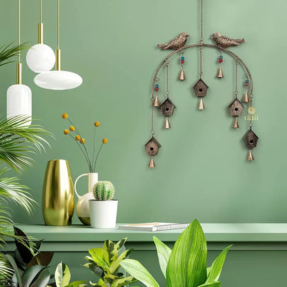 Metal Windchime Wall Hanging Feng Shui Wall Decor Golden BirdHouse