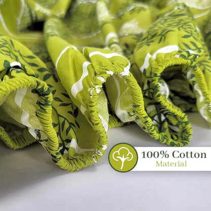 Divine Casa 144 TC Floral Green 100% Cotton Elastic Fitted Bedsheet for Double Bed with 2 Pillow Covers Colour Green