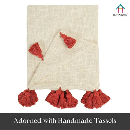 Homadorn 100% Cotton Off White Throw Blanket with Handmade Colorful Tassel Colour Rust