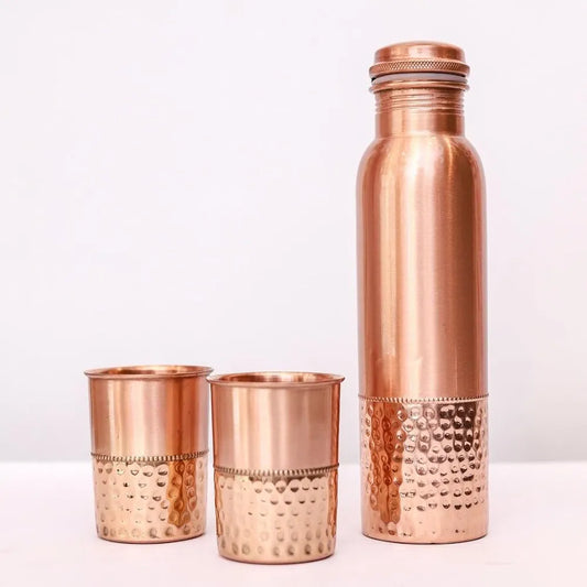 KC Pure Copper Water Bottle with 2 Glasses Combo, Half Hammered Design,Bottle1000ml And Glass 300 Ml Each, Gift Pack