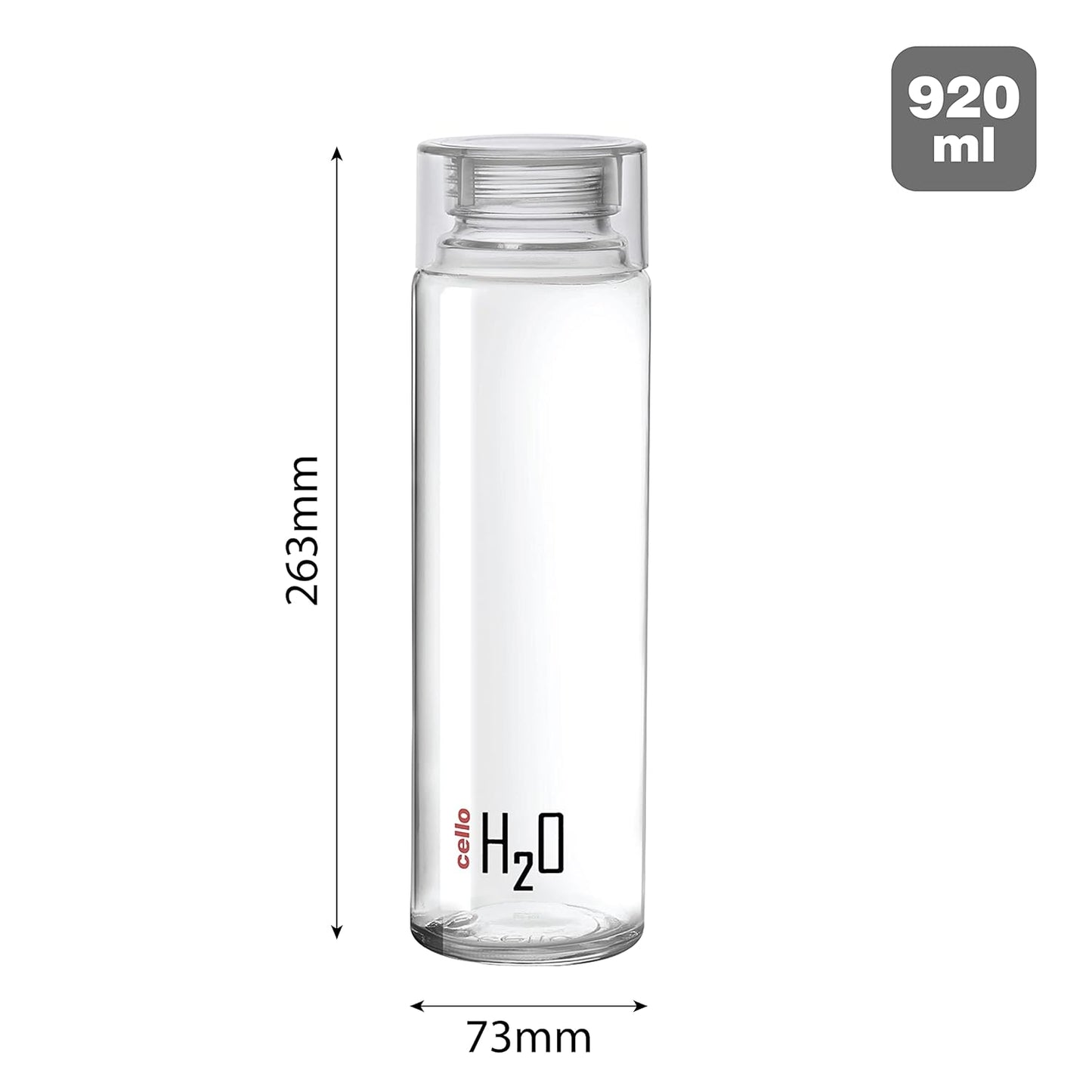 Cello H2o Glass Fridge Water Bottle With Plastic Cap | 920 ml