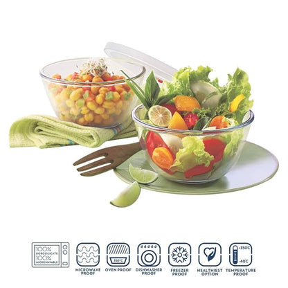Borosil Serving & Mixing Bowl with Lid | Set of 2 (500ml Each) | Borosilicate Glass Bowl for Kitchen & Dinning