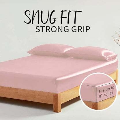 Cloth Fusion Satin Elastic Fitted Bedsheets Double Bed Luxury Queen Size Bed Sheet with 2 Pillow Covers Baby Pink