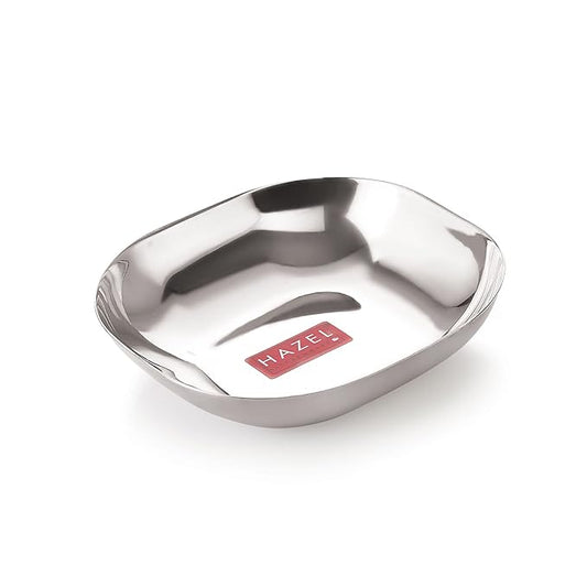 Hazel Steel Dessert Silver Plate Square Shaped Steel Plate for Snacks 450 ml Each Silver Colour
