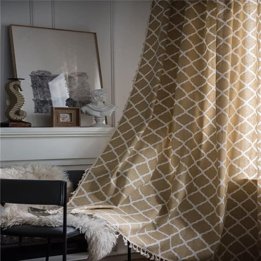 Huesland Cotton Curtains for Windows, 5 Feet Long 1 Bohemian Eyelet Curtain | Quatrefoil Light Brown