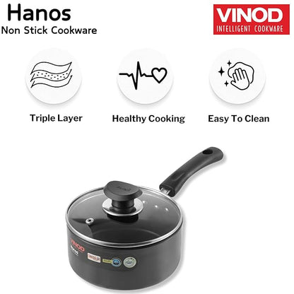 Vinod Hanos Hard Anodised Non Stick Saucepan with Lid - 1.7 Litre, 16 cm | 3.25mm Thick | 5X Long Lasting