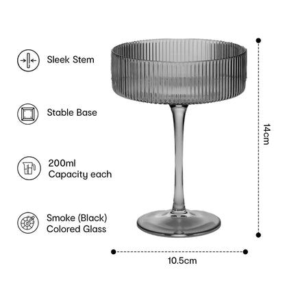 Anko Australia 200ml Ribbed Champagne Coupe Set of 4 | Cocktail Glasses | Grey