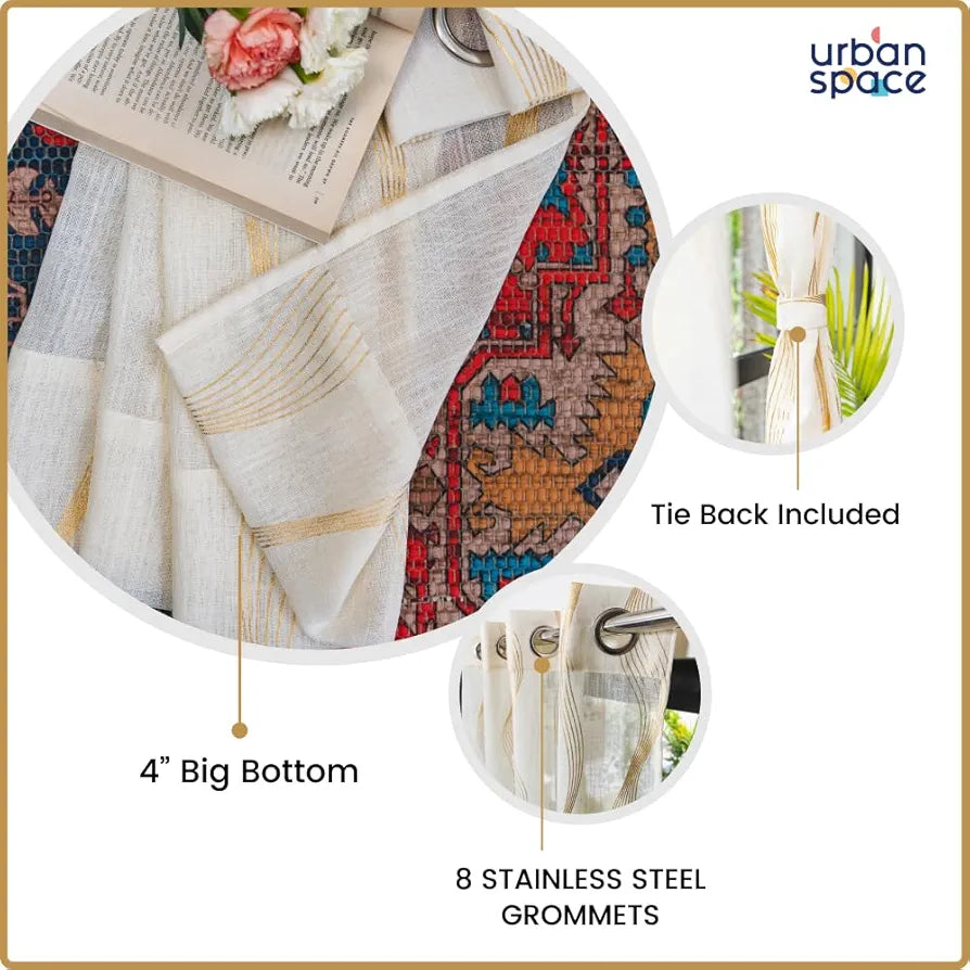 Urban Space Linen Textured Metallic Gold Foil Sheer Curtains for Door Room Darkening Set of 2 Decorative Curtains with Tieback and Eyelets Sheer Double Wave Butter Cream Colour