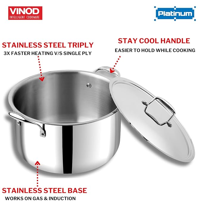 Vinod Platinum Triply Stainless Steel Biryani Pot with Lid - 11 Litre, 30 cm | Heavy Bottom | Riveted Handle| Cooking Pot