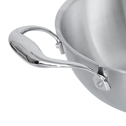 Femora Induction Safe, Stain Resistant, Zero Coating Stainless Steel Tri-ply Deep Frying Kadhai Pan | 26 Cm Capacity 3.2 Litres | Silver