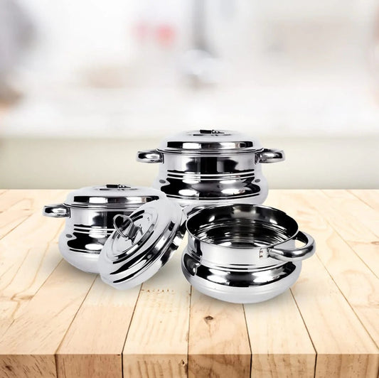 Stainless Steel Handi Casserole Set of 3 with Lid 600ml + 1L + 1.6L Cook Serve Silver