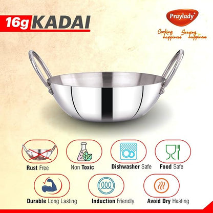 Praylady Srainless Steel 16G Series Deep Flat Kadai 3.0 Litre Silver
