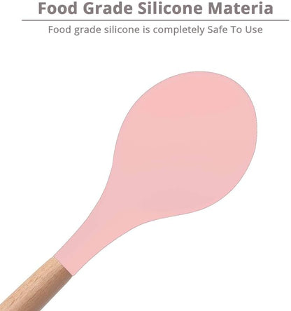 P-plus International Silicone Turner Spatula Spoon for Nonstick Cookware with Wooden Handle Pink