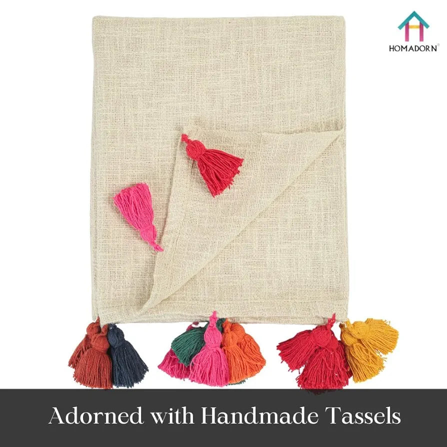 Homadorn 100% Cotton Off White Throw 300 TC Blanket with Handmade Colorful Tasse lColour Multicolor