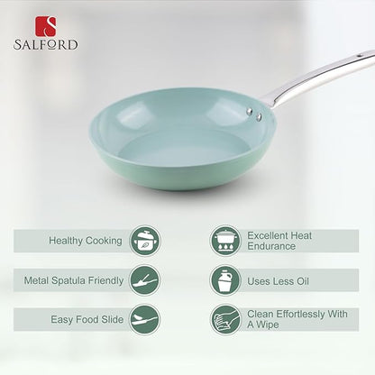 Salford Forged Ceramic Non-stick Frypan With Tubular Ss Handle | Induction & Gas Ready | Green | 240mm | 1.85 Litre