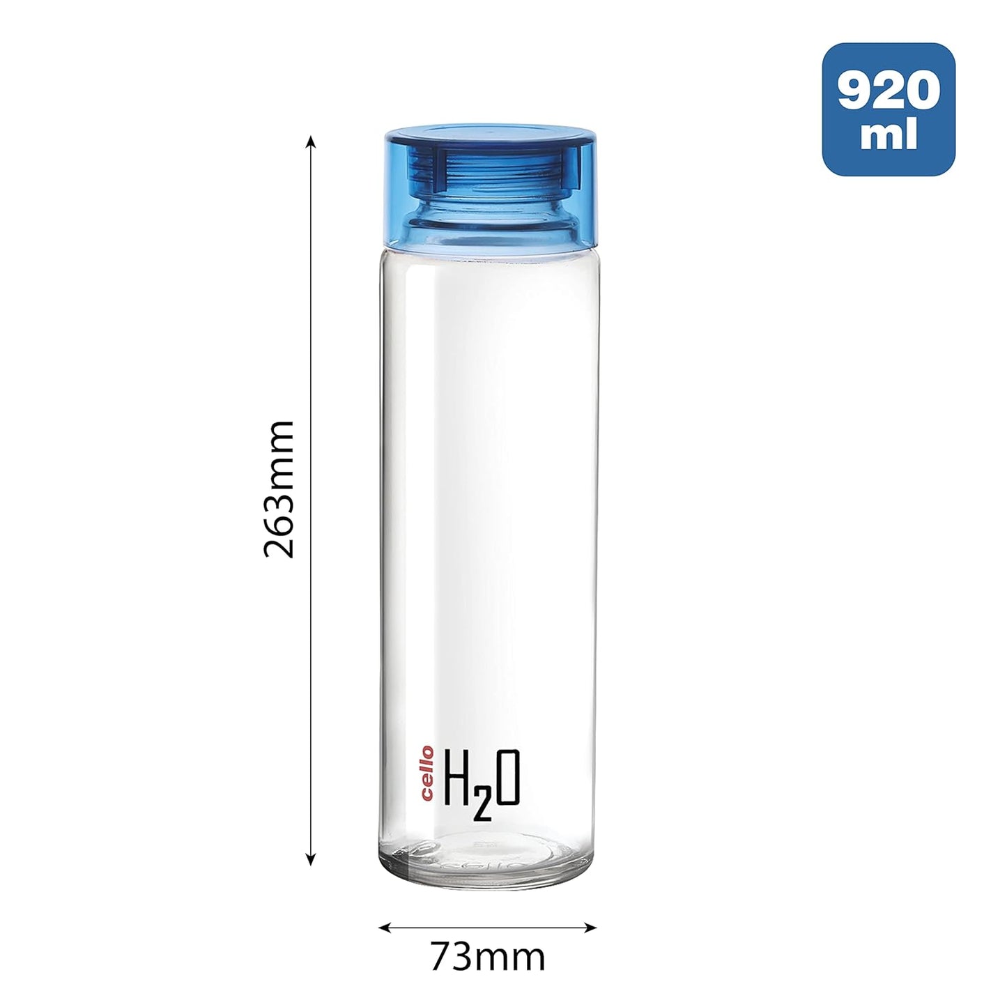 Cello H2o Glass Fridge Water Bottle With Plastic Cap | 920 ml | Blue