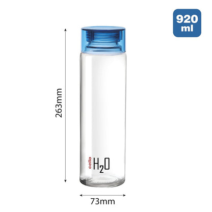 Cello H2o Glass Fridge Water Bottle With Plastic Cap | 920 ml | Set of 6 | Blue