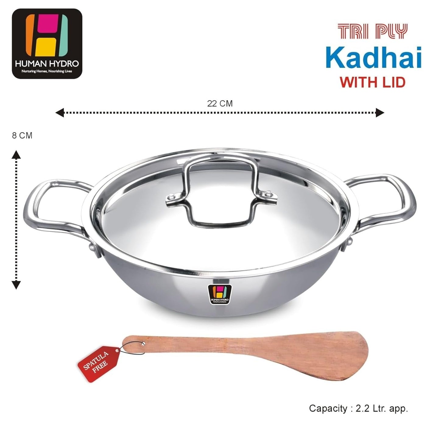 Human Hydro Tri-Ply Stainless Steel Kadai with SS Lid and Spatula 22cm 2.2L Induction Gas