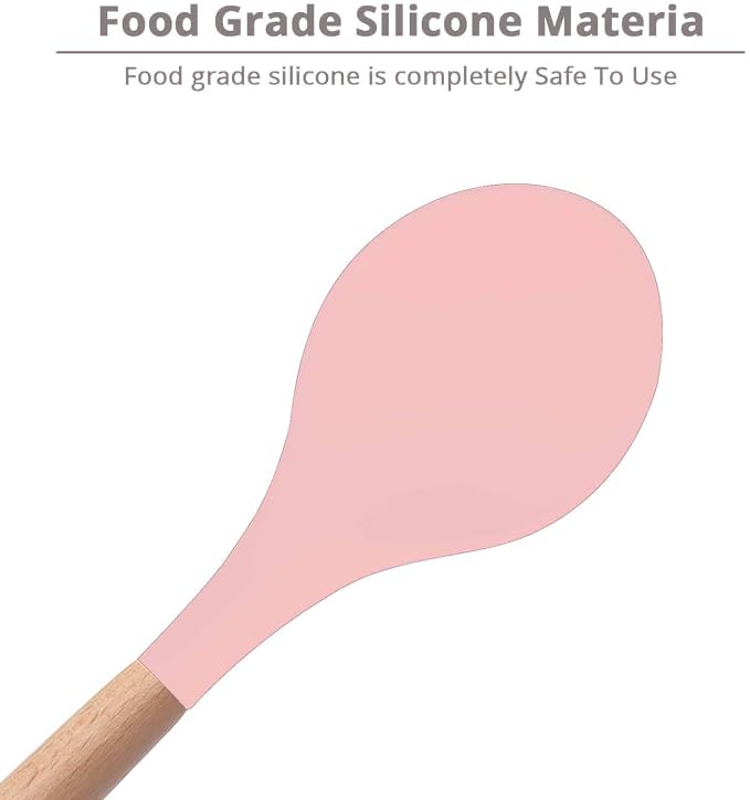 Woodtula Silicone Cooking Utensils Kitchen Utensil Set Heat Resistant Wooden Handles Pink