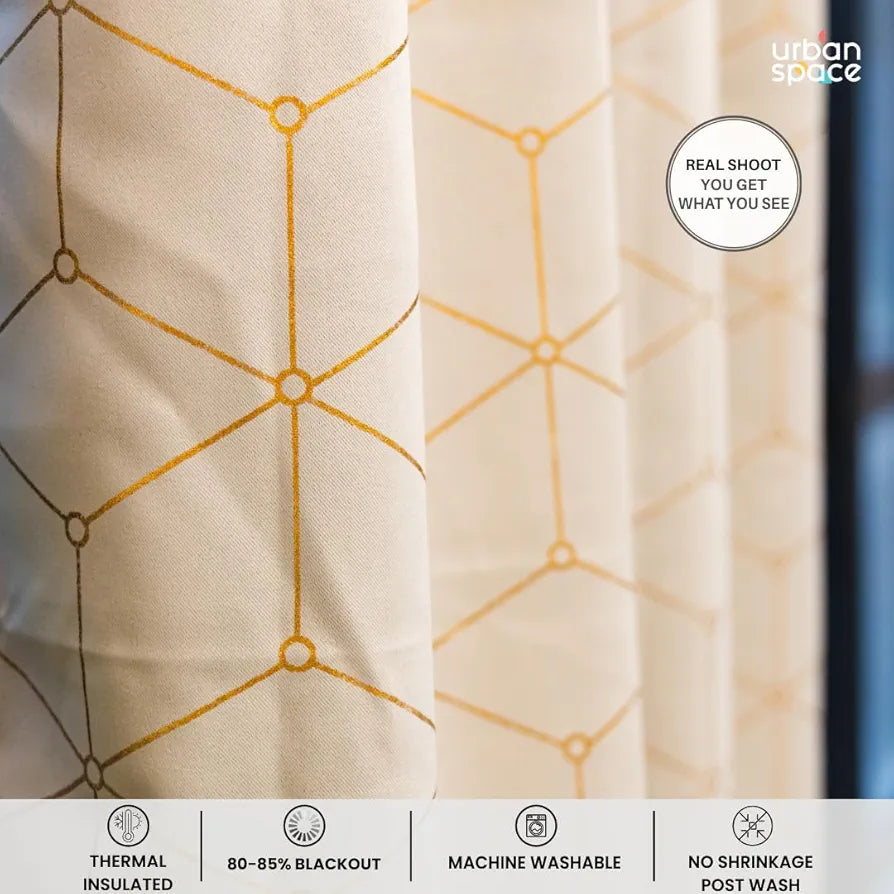Urban Space Blackout Curtain for Living Room, Gold Foil Printed Blackout Decorative Curtain, Eyelet with Tieback Curtains 1 Piece Hex Beige Colour