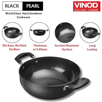 Vinod Black Pearl Hard Anodised Non Stick Deep Kadhai - 2.1 LTR, 20 cm | 3.25mm Thickness | kadai for Cooking