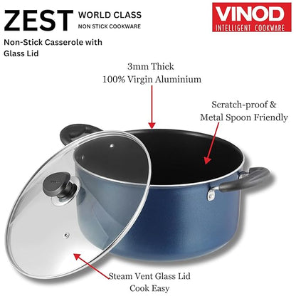 Vinod Zest Aluminium Non Stick Saucepot with Glass Lid - 3.1 Litre, 20 cm | 3 mm Extra Thick | 3 Layer Coating