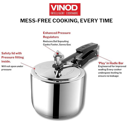 Vinod Stainless Steel Inner Lid Pressure Cooker - 3 Litre | Sandwich Bottom Cooker | Induction and Gas Base
