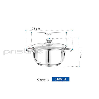 Pristine Tri Ply Sandwich Induction Base Cooking Essential Stainless Steel Casserole with Knob Glass Lid - 1500 gms