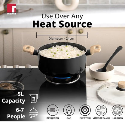 Bergner Bellini Plus Aura 5-layer Non-stick 24 Cm Casserole With Glass Lid | 5 Litres Capacity