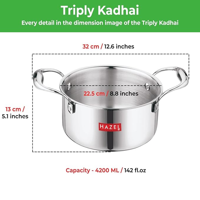 Hazel Triply Stainless Steel Induction Bottom Tope with Handle 4.2 Litre 22.5 cm