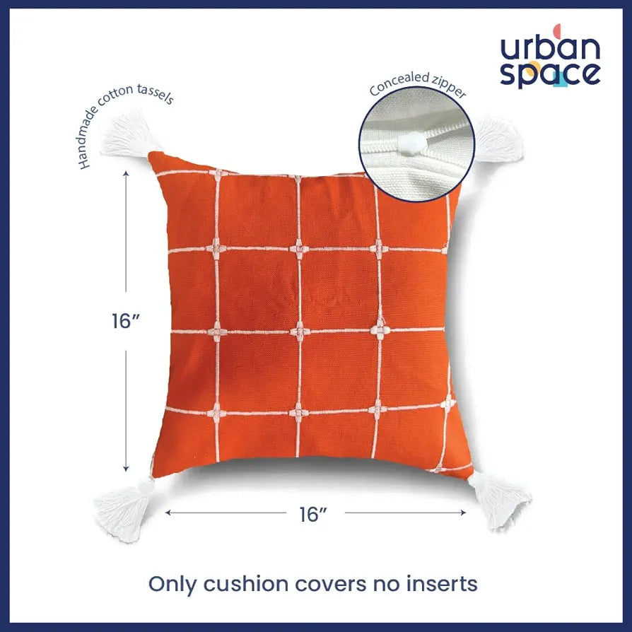 Urban Space Embroidered Cotton Cushion Cover Set of 2 Cushion Covers for Sofa, Bedroom, Living Room Colour Aura Checks Orange
