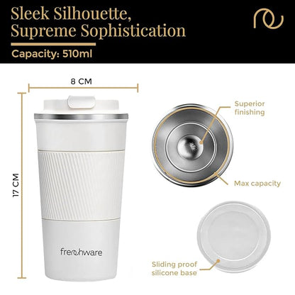 Frenchware Coffee Mug | 510 Ml | Tumbler, Flask for Tea Coffee, Insulated Coffee Mug | Coffee Mug With Leakproof Lid | White