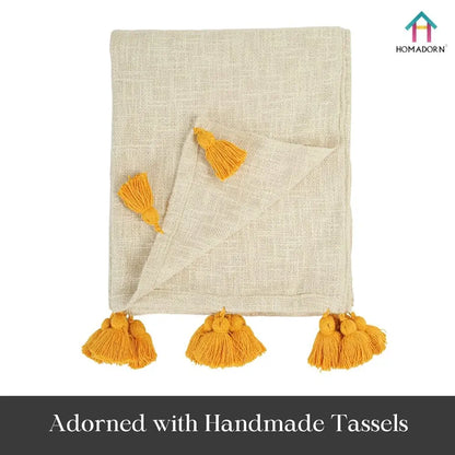 Homadorn 100% Cotton Off White Throw 300 TC Blanket with Handmade Colorful Tassel Colour Mustard
