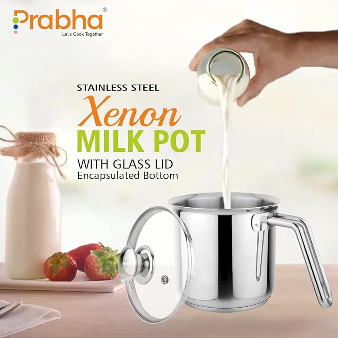 Prabha Heavy Gauge Stainless Steel Milk Pot Milk Boiler 14Cm Diameter Pot 1.8 L with Glass Lid
