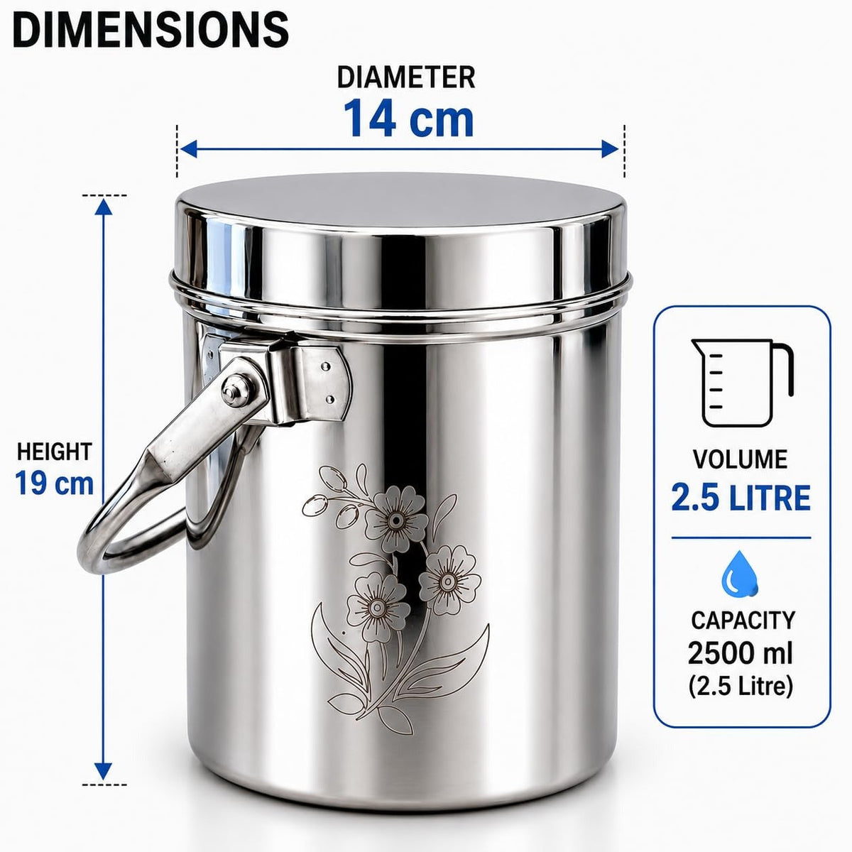 KC Stainless Steel Multipurpose Storage Container, Milk Pot with Airtight Lid, Handle, Floral Engraved - (1 litres)