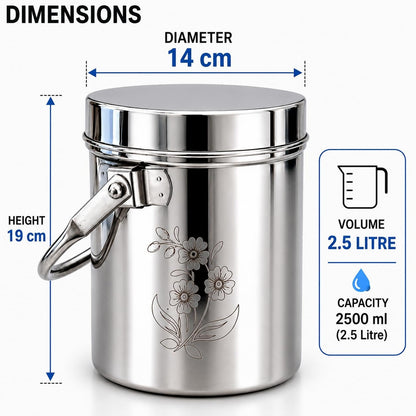 KC Stainless Steel Multipurpose Storage Container, Milk Pot with Airtight Lid, Handle, Floral Engraved - (1 litres)