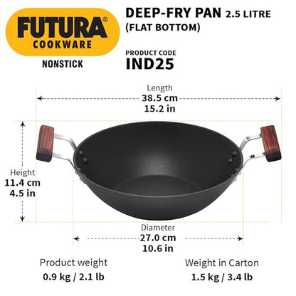 Hawkins Futura 2.5 Litre Deep Fry Pan Non Stick Kadai Flat Bottom Induction Kadhai