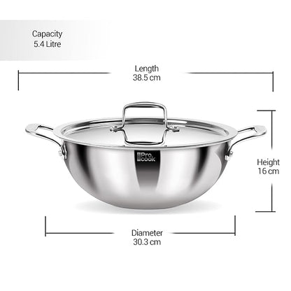 Milton Pro Cook Triply Deep Stainless Steel 28 Cm Kadai With Lid, 5.5 Litres - 2664 gms