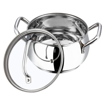 Vinod Almaty Stainless Steel Saucepot with Glass Lid 2 Litre, 16 cm | 2.6mm Thick Base | Triply Saucepot,Sturdy Riveted Handle