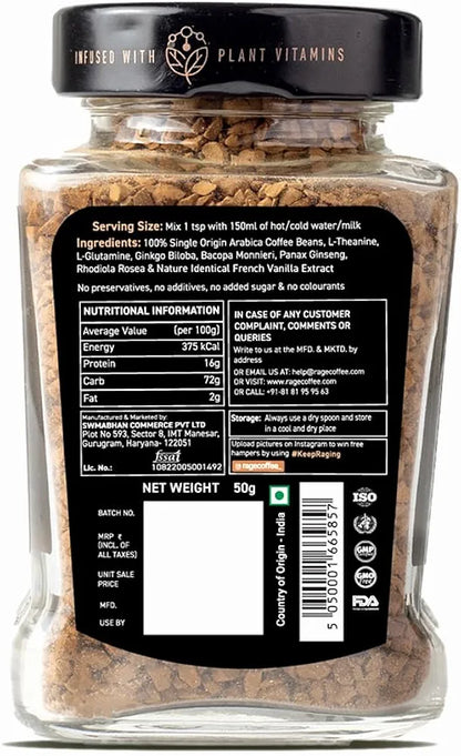 RAGE COFFEE Instant Coffee French Vanilla With 100% Arabica Beans Infused With Plant Based Vitamins| Hot & Cold Coffee | Strong Aroma With Rich Taste - Bottle, 50 Gram
