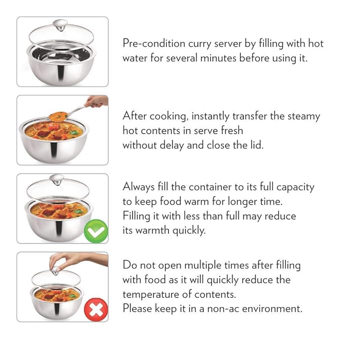 Borosil - Stainless Steel Insulated Curry Server | Set of 2 | 500ml + 900ml | Silver