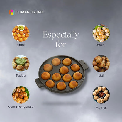 Human Hydro 12-Pit Cast Iron Paniyaram Pan with 4mm Glass Lid and Wooden Spatula 20cm Pre-Seasoned Naturally Nonstick