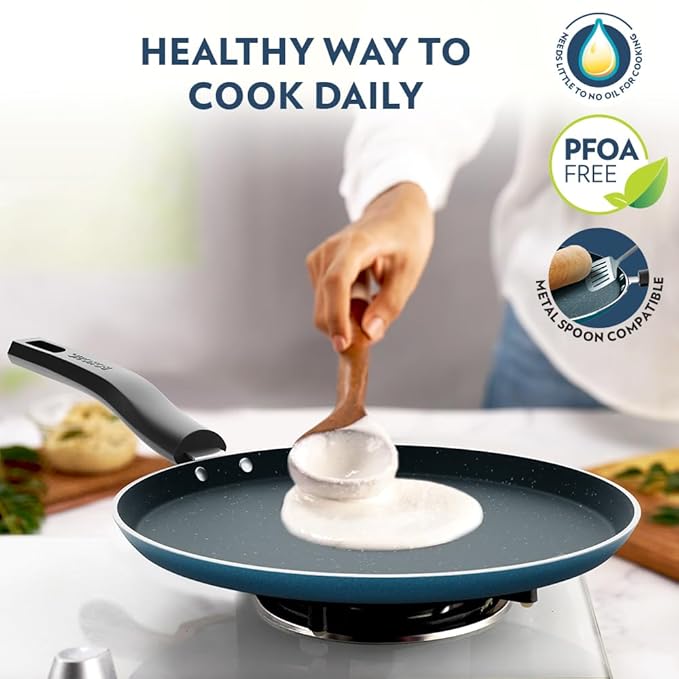 Borosil Prochef Non-stick Aluminum Flat Tawa 25 Cm | Gas Stove Compatible | Thick Uniform Body for Even Heating | Dishwasher Safe