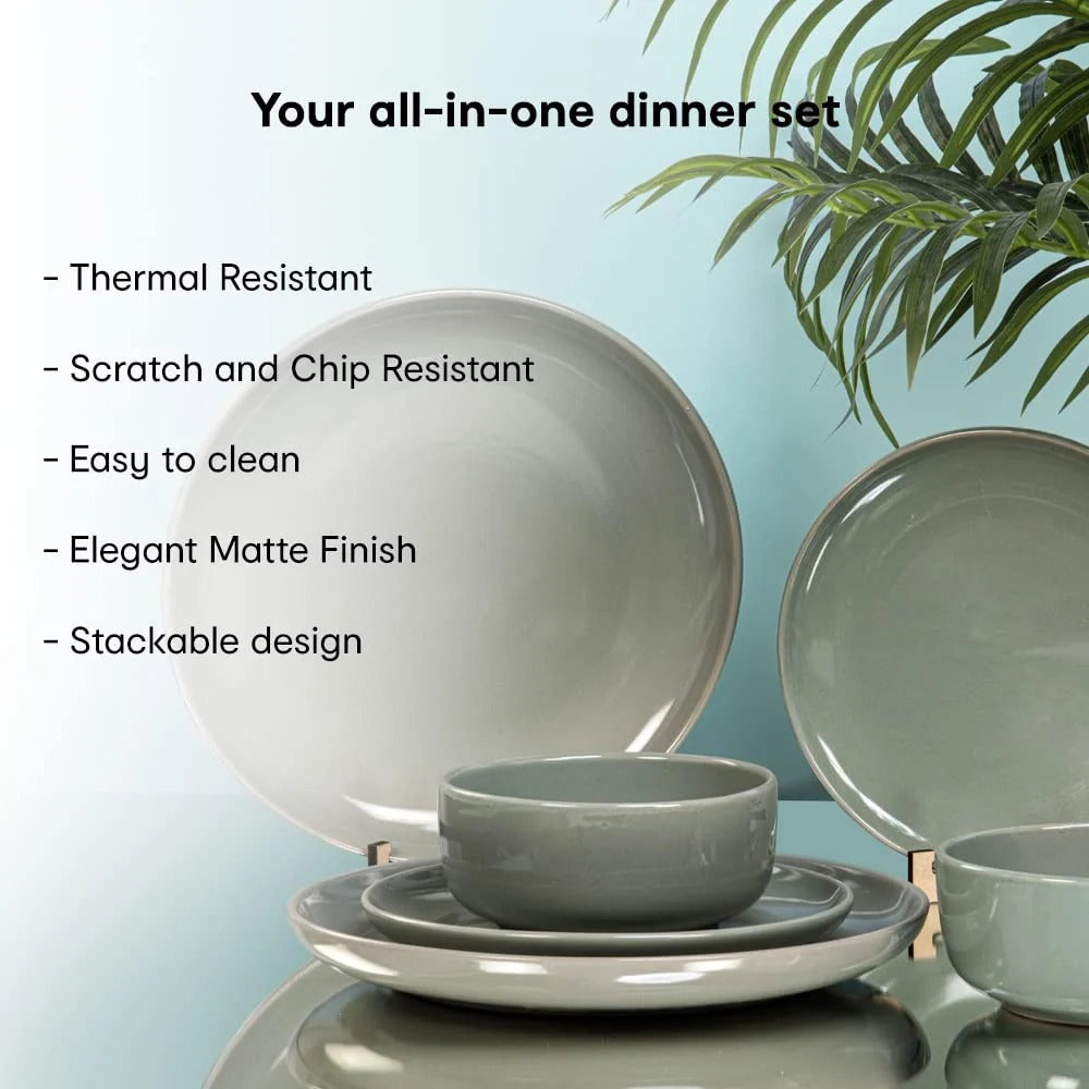 Anko Stoneware 12 Piece Dinner Set Sage Green Glazed 4 Dinner Plates 4 Side Plates 4 Bowls Microwave Dishwasher Safe
