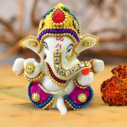 Karigaari India White Stone God Ganesha Car Dashboard Decor Statue