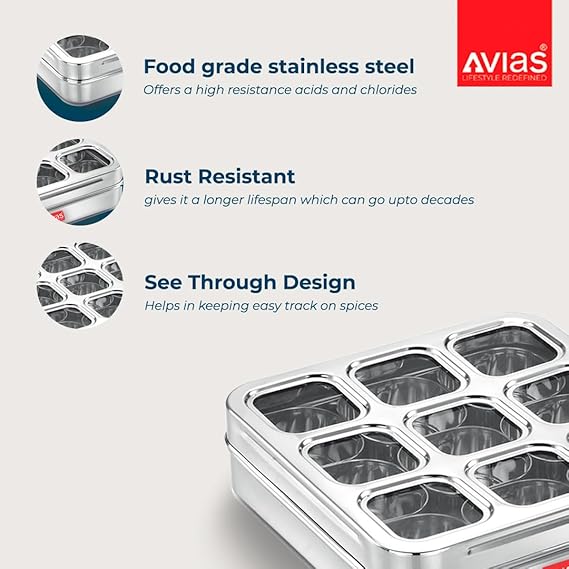 Avias 9 Square Stainless Steel Spice Box Organiser With 9 Compartment Popula Dabba Square Masala Dani Large