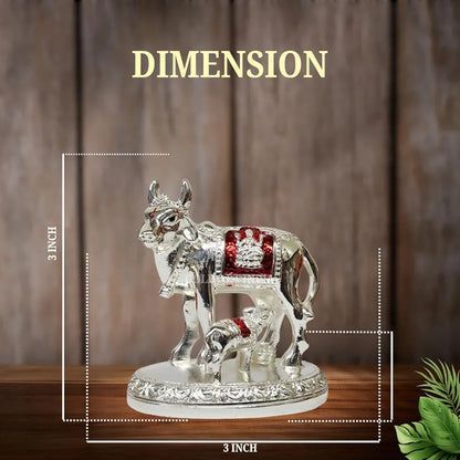 Gold Art India Kamdhenu Cow and Calf Idol with Red Accents Shiny Silver Finish | 7.62 cm