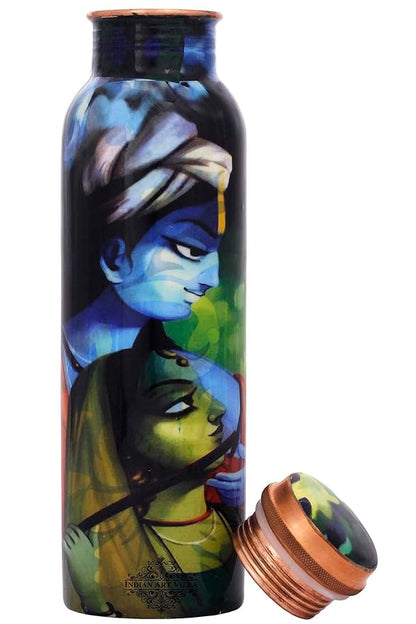 Indian Art Villa Pure Copper Water Bottle with Radhe Krishna Printed Design